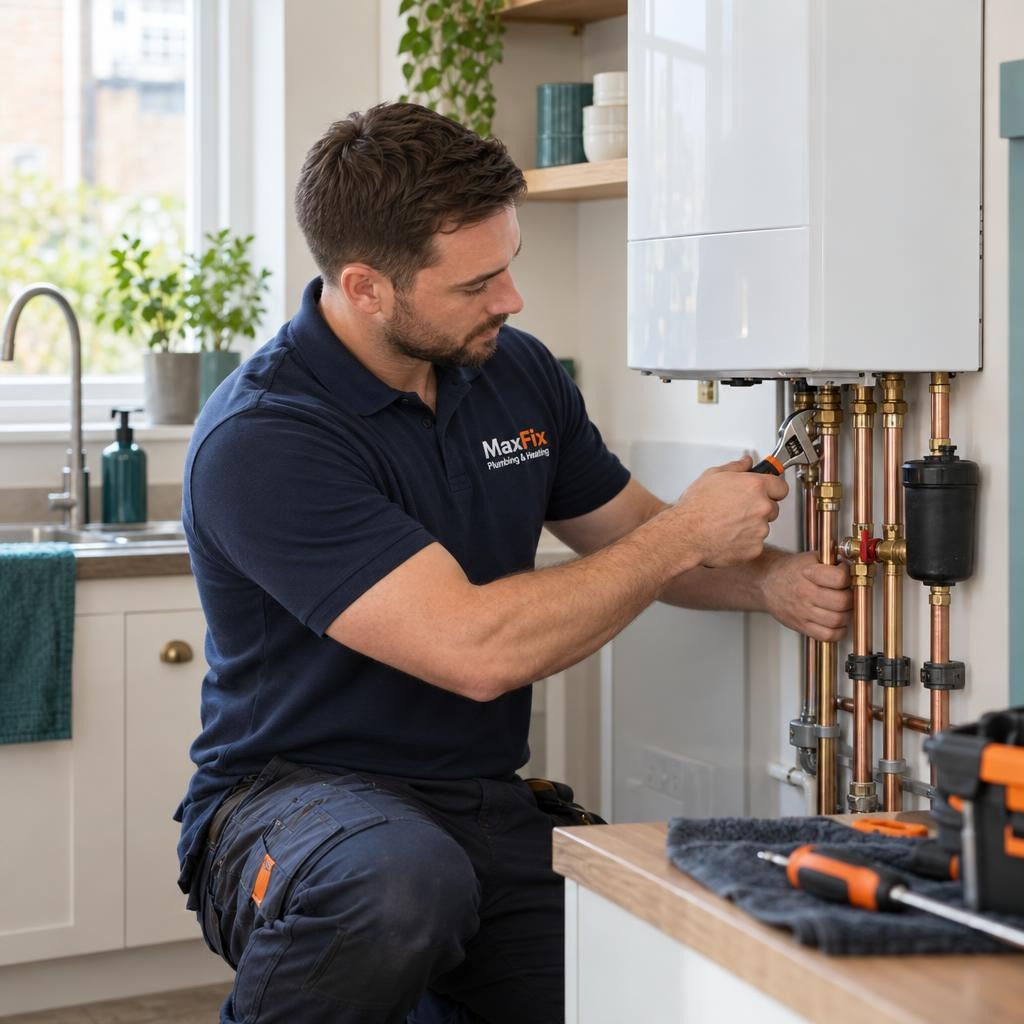 Maxfix engineer servicing a wall-mounted boiler